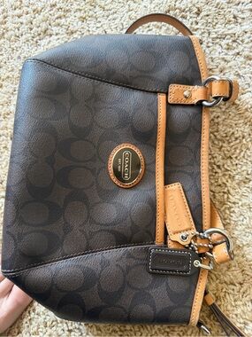 Coach Brown Signature Canvas Shoulder Bag with Tan Leather Trim